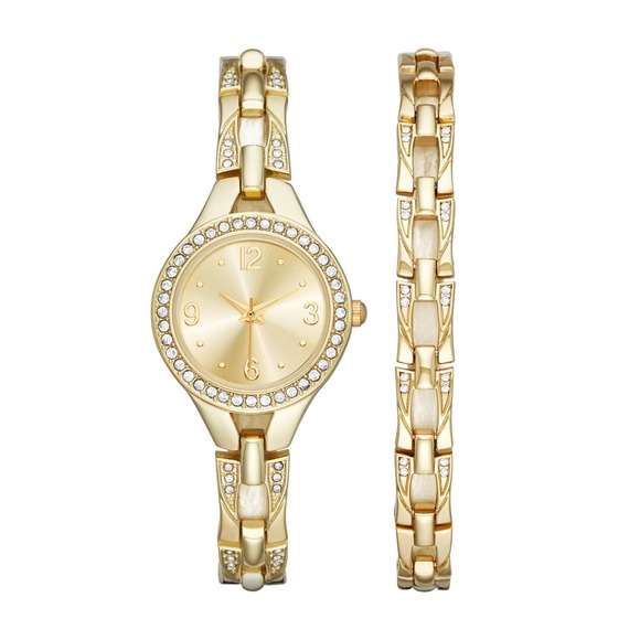 Macy's Accessories - Ladies Goldtone Gold Dial Watch and Glitz Bangle Set NEW in Box